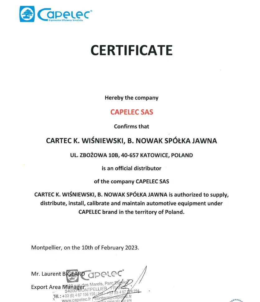 CARTEC jest autoryzowanym sprzedawcą i serwisem urządzeń diagnostycznych firmy CAPELEC